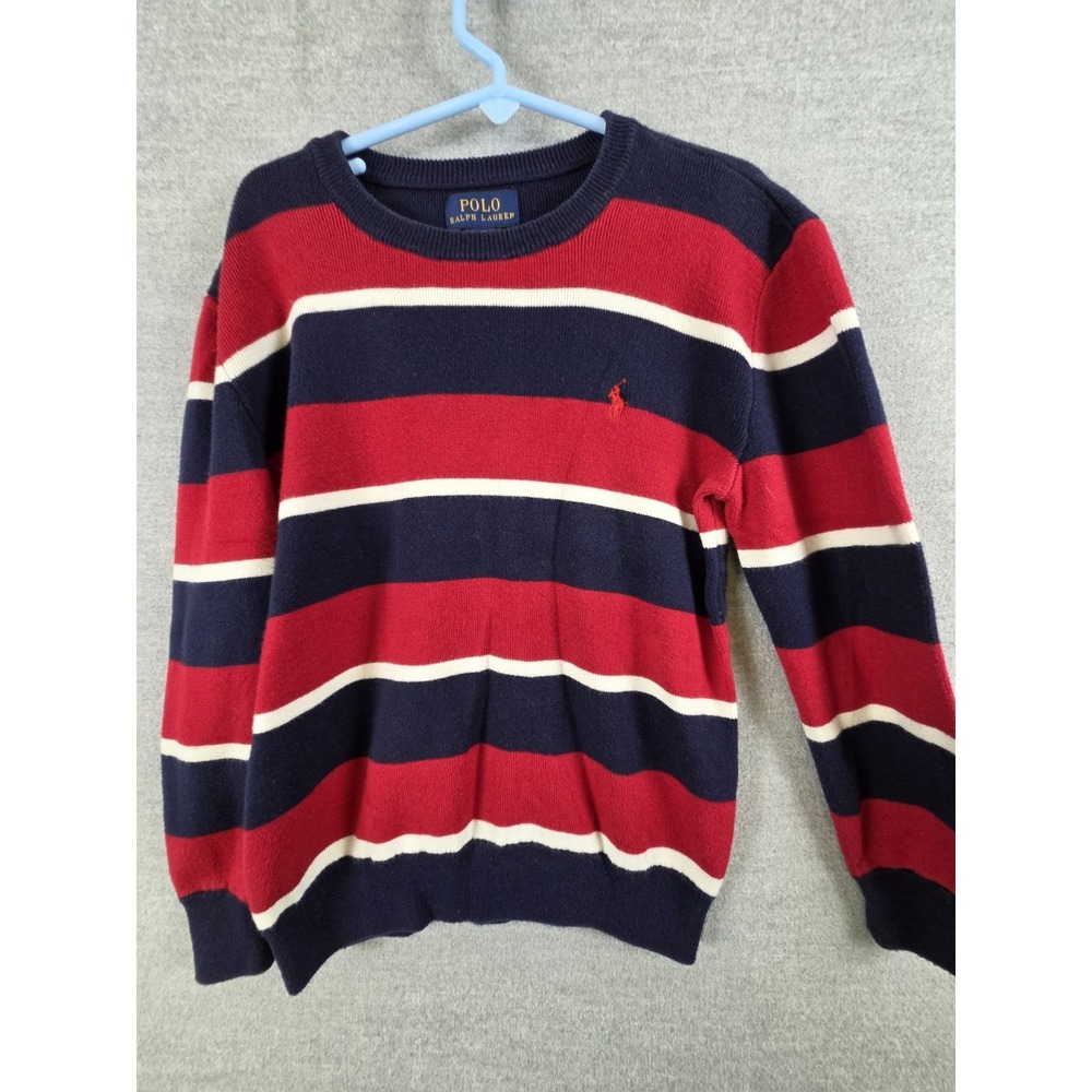 Polo Ralph Lauren Sweater Boys 7 Blue Red Striped Crew Knit Pony Logo Crew